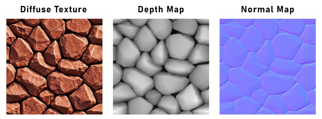We create diffuse textures, normals maps and depth maps.